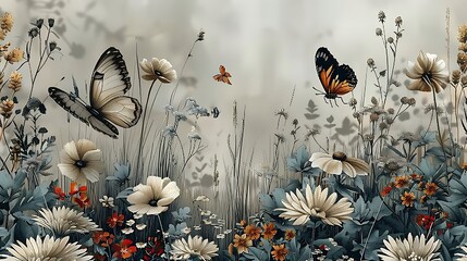 Bohemian seamless wallpaper showcasing vintage botanical illustrations of a meadow in bloom with grasses, wildflowers, and butterflies, set against a muted pastel background,