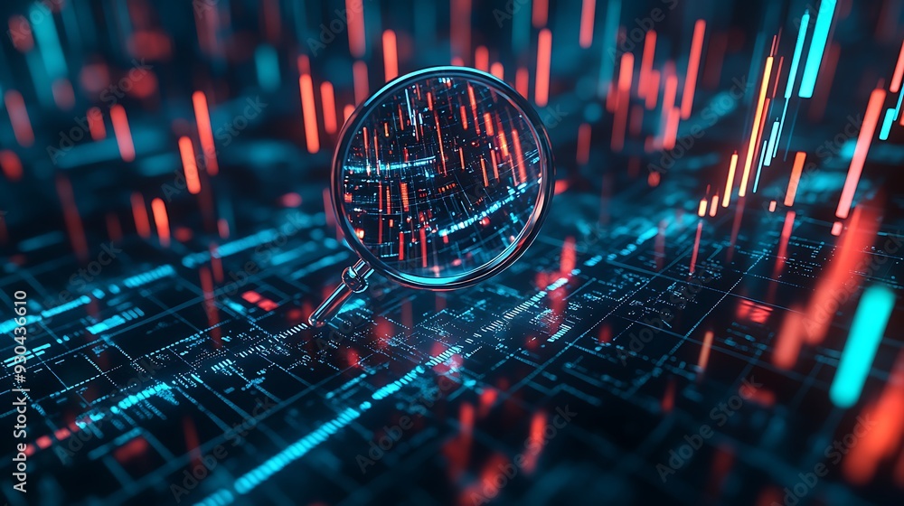 Poster magnifying glass over abstract digital data display