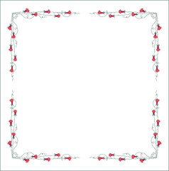 Green vegetal frame with red rose flowers, decorative corners for greeting cards, banners, business cards, invitations, menus. Isolated vector illustration.	
