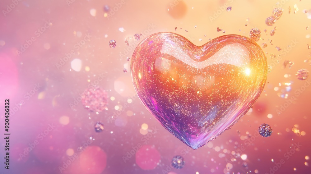 Poster a shimmering heart-shaped object surrounded by sparkling particles in a colorful background.