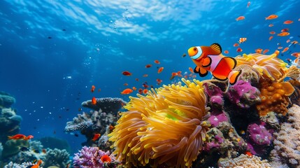 Naklejka premium Anemone, Clownfish, and Other Fishes in a Vibrant Coral Reef