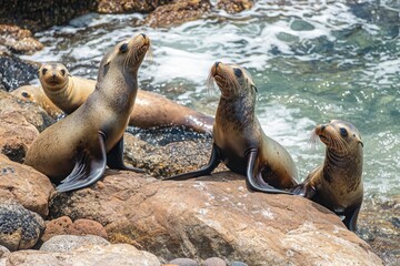 Three Sea Lions Resting on Rocks Near the Ocean