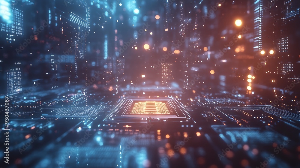 Poster abstract digital circuit board with glowing lines and bokeh lights
