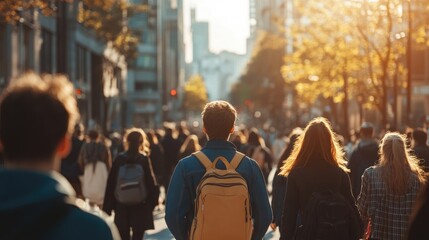 City Street Packed with People Walking, Captured from Behind