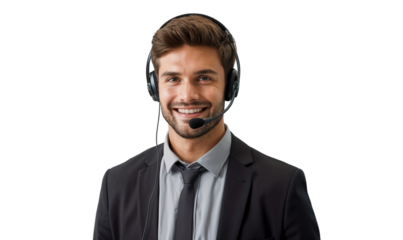Portrait of a smiling male call center operator worker with a headset, isolated on transparent background
