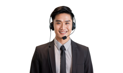 Smiling call center worker with a headset, isolated on transparent background