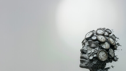 An artistic depiction of a head constructed from numerous clocks, with a few clocks detaching and floating away, illustrating the complexity of time perception and mental processes