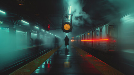 On a dimly lit train platform at midnight, a man in a dark trench coat stands alone under an antique overhead clock