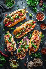 Fototapeta premium Delicious Vietnamese Banh Mi Sandwiches with Fresh Vegetables and Spicy Dipping Sauce.