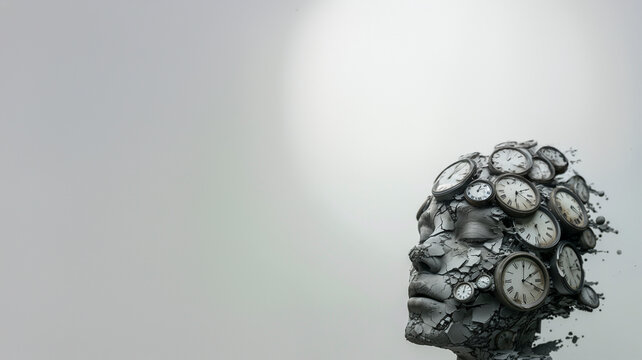 An artistic depiction of a head constructed from numerous clocks, with a few clocks detaching and floating away, illustrating the complexity of time perception and mental processes