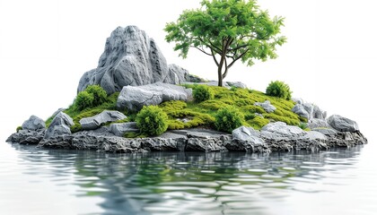 Fototapeta premium A serene island with rocky formations, greenery, and a tree, reflecting in calm water.