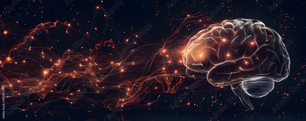 Poster glowing abstract brain with intertwining neural connections and electric lines