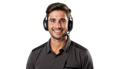 Portrait of a smiling male call center operator worker with a headset, isolated on transparent background