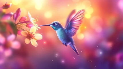 Obraz premium Small hummingbird with colorful plumage flying near colorful blooming flowers on blurred background. copy space for text.