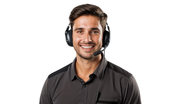 Portrait of a smiling male call center operator worker with a headset, isolated on transparent background