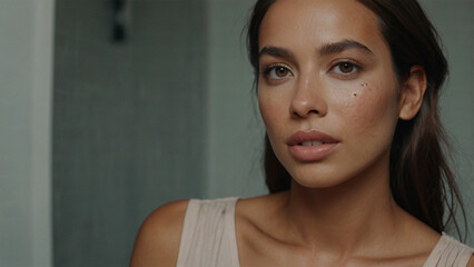 blue eyed woman loose hair Wearing a white tank top, no makeup, straight face angle, slightly tilted.