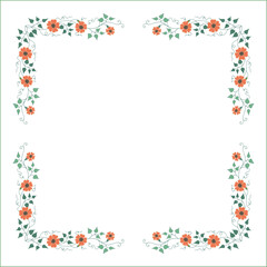 Green and orange floral frame with leaves and thunbergia flowers, decorative corners for greeting cards, banners, business cards, invitations, menus. Isolated vector illustration.	
