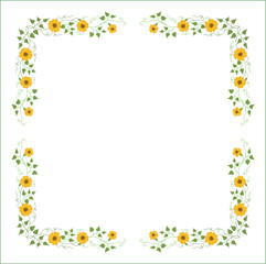Fototapeta premium Green and yellow floral frame with leaves and thunbergia flowers, decorative corners for greeting cards, banners, business cards, invitations, menus. Isolated vector illustration. 