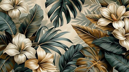 Bohemian seamless wallpaper showcasing vintage botanical illustrations of tropical plants like palm leaves, monstera, and banana plants, set against a muted beige background,
