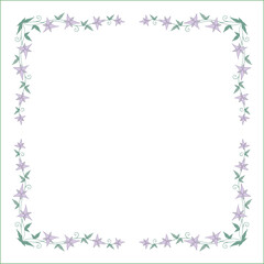 Green vegetal floral frame with leaves and purple flowers, decorative corners for greeting cards, banners, business cards, invitations, menus. Isolated vector illustration.	
