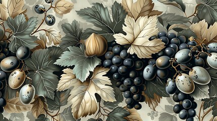 Bohemian seamless wallpaper showcasing vintage botanical illustrations of vineyard elements like grapevines, olive branches, and figs, set against a muted beige background,