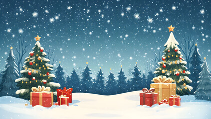 Obraz premium Christmas background featuring a starry sky, snow-covered trees, and red gift boxes on the ground, creating a festive Christmas night scene.