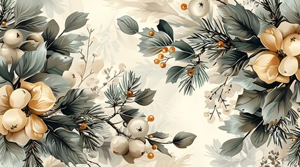 Bohemian seamless wallpaper showcasing vintage botanical illustrations of winter elements like pine branches, holly, and mistletoe, set against a muted frosty background, intricate hand-drawn details,