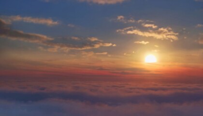 The sun dips below the horizon, casting a warm glow across the sky. Wispy clouds catch the last rays, their edges tinged with hues of orange and pink. A tranquil dusk scene.  AI generated.