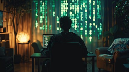 Rear back view silhouette shadow of programmer man sitting in a chair in office at night, working on laptop. Online software developer, cybersecurity binary code key, green numbers coding