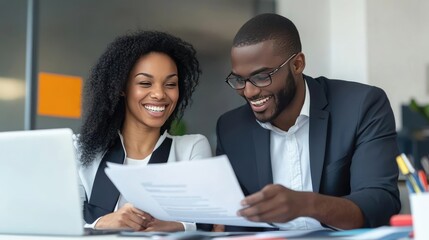 Cheerful Business People Discussing Document in Office Setting