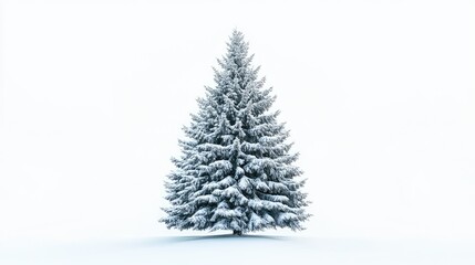 Fototapeta premium A majestic fir tree in the center, heavily covered in snow, with its symmetrical shape highlighted against the white.