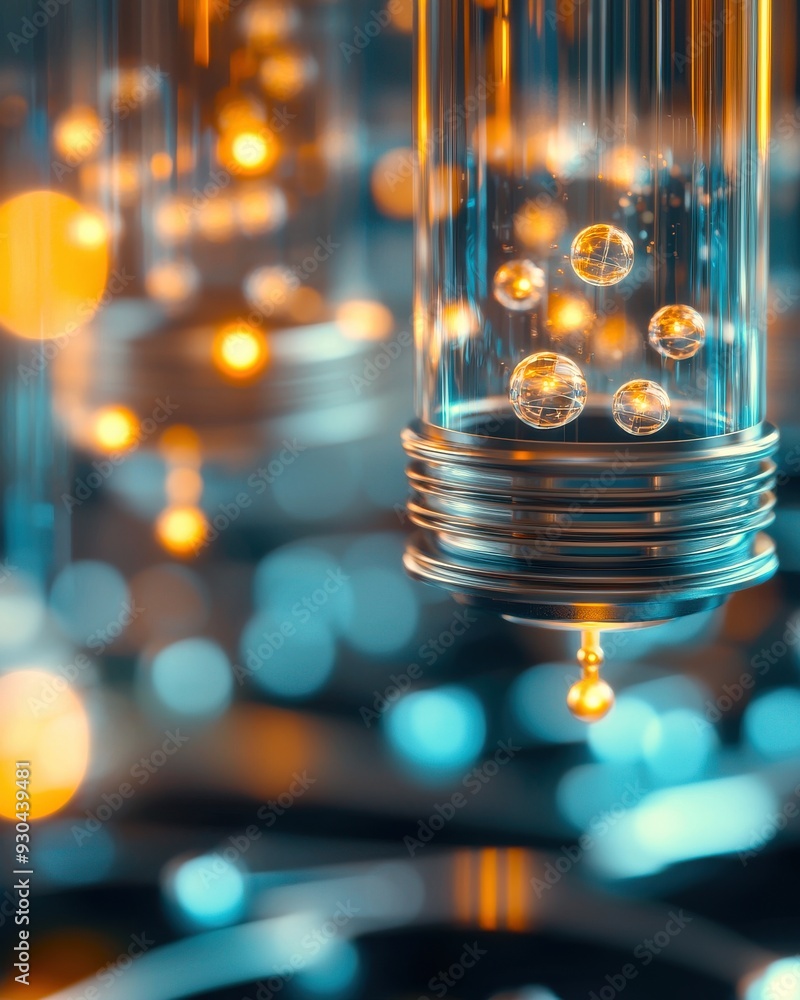 Poster abstract close-up of vibrant glowing droplets inside a transparent container, highlighting unique te
