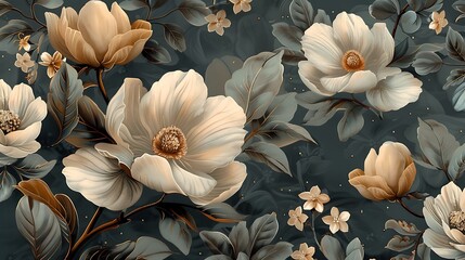 Continuous pattern of celestial elements, showcasing moonflowers, jasmine, stars, and crescent moons with intricate details, deep blue and silver tones, and a mystical, night sky backdrop,