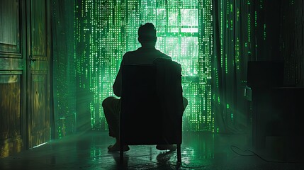 Rear back view silhouette shadow of programmer man sitting in a chair in office at night, working on laptop. Online software developer, cybersecurity binary code key, green numbers coding