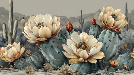 Continuous pattern of desert blooms, showcasing cacti in full bloom with vivid flowers, intricate textures, warm desert tones, and a sandy backdrop, seamless design, natural lighting,