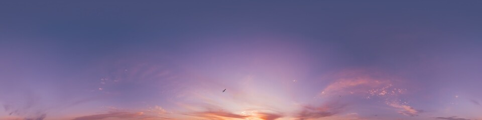 360 panorama of glowing sunset sky with bright pink Cumulus clouds. HDR 360 seamless spherical panorama. Full zenith or sky dome sky replacement for aerial drone panoramas. Climate and weather change.