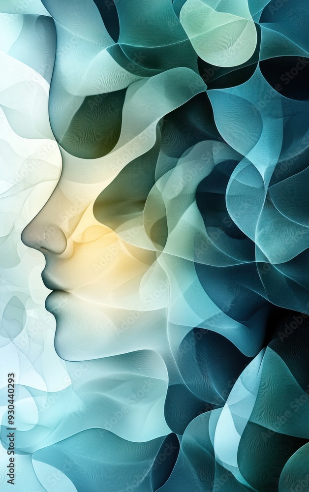 Poster an abstract representation of a human face with flowing shapes and soft colors, conveying emotion an