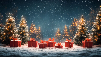 Christmas background featuring a starry sky, snow-covered trees, and red gift boxes on the ground, creating a festive Christmas night scene.