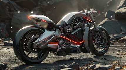Modern motorcycle with red glowing lines on a rocky surface.