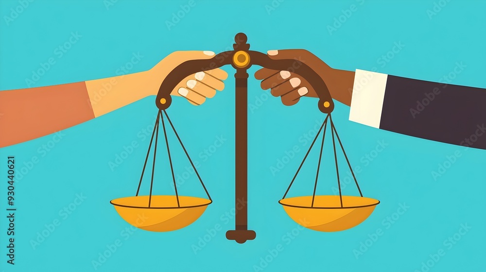 Poster balanced scales of justice with intertwined hands symbolizing unity in morality