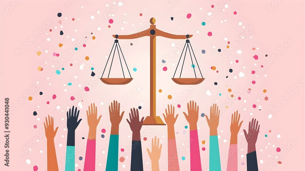 Poster diverse hands supporting justice scales symbolizing and unity