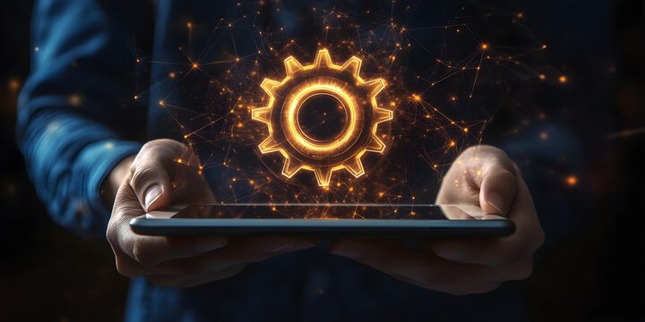 A teblet displaying a digital gear. Maintenance and digital security.