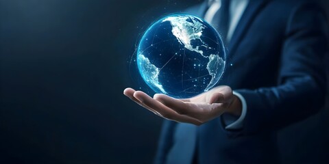 A businessman holding the Earth in his hand. International business and corporate connectivity.