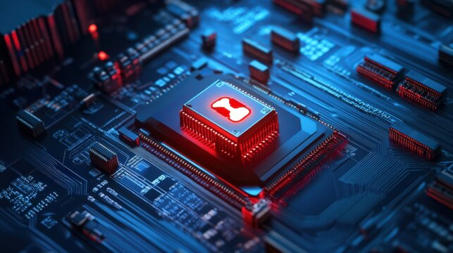 Detailed view of a modern computer processor on a circuit board with blue and red lights, showcasing advanced technology and design.