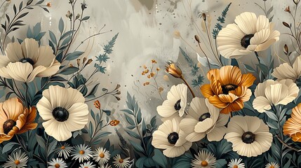 Continuous pattern of wildflowers, showcasing daisies, poppies, and lavender with delicate textures, soft pastel tones, and a calming, seamless design, natural lighting, high-definition quality,