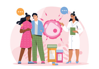 Fertility doctor concept. Man and woman came togynecologist for visit. Male and female reproductive system and fertility. Treatment and healthcare, medicine. Flat vector illustration