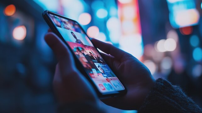 A close-up of hands holding a smartphone, scrolling through social media feeds with advertising content visible