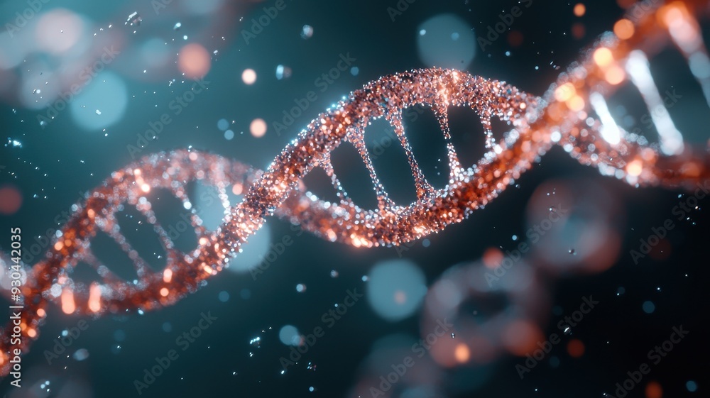 Poster close-up view of a dna double helix, showcasing intricate details and luminous particles in a scient