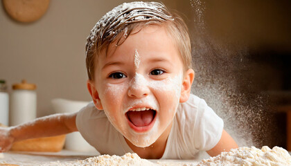Happy child playing with flour, face covered, enjoying messy fun in the kitchen