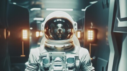 Slow motion lonely astronaut walking through bright corridor of a spaceship or space station in zero gravity. Cinematic sci-fi footage. Science fiction movie scene. Sad farewell scene. 